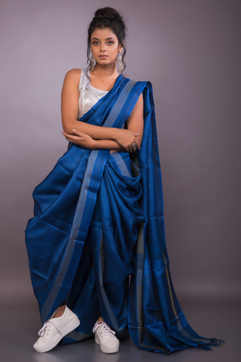 Deep Blue Silk Linen saree
