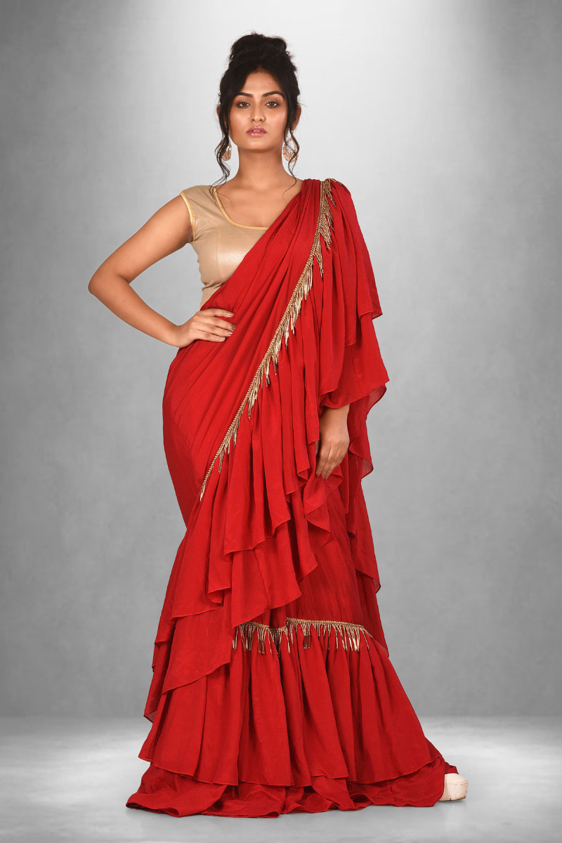 Designer Ruby Red Chiffon ruffled Saree