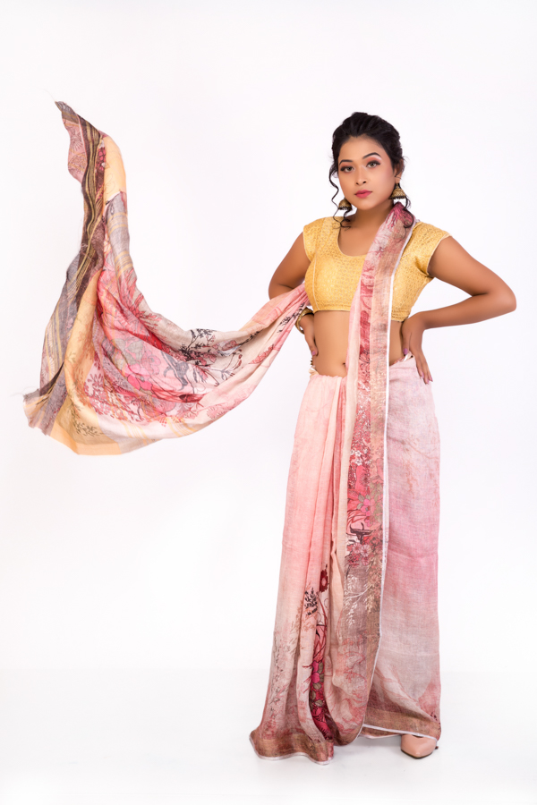 Digital Printed Baby Pink Linen Saree