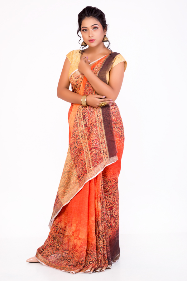 Digital Printed Orange Linen Saree