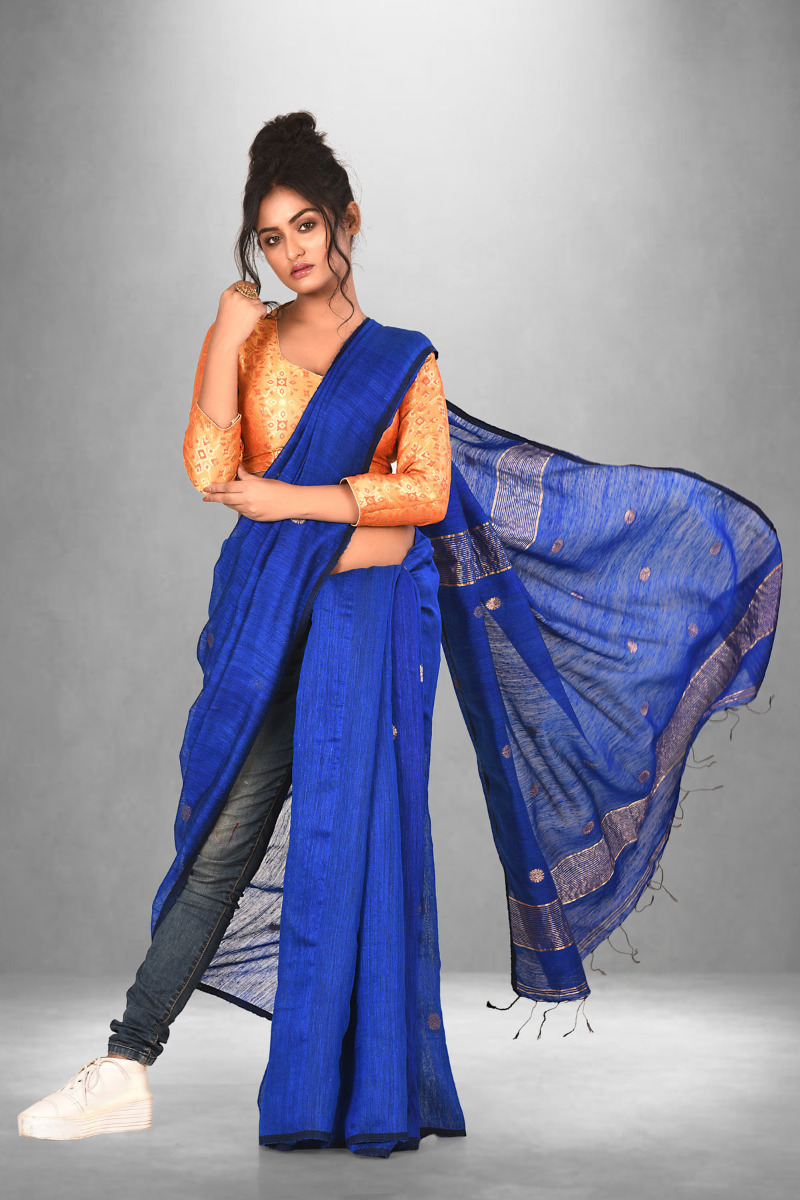 Electric Blue Matka Saree with Zari Jamdani work