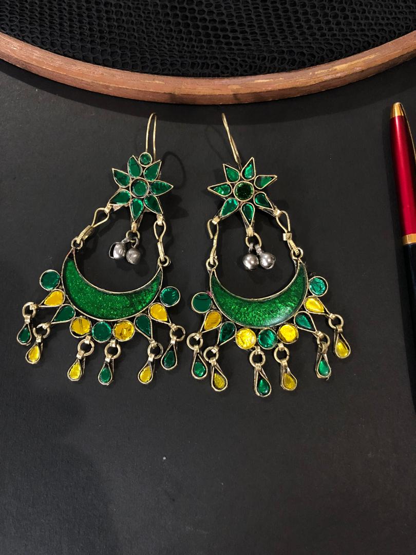 Green and Yellow Glass work Afghani Earring