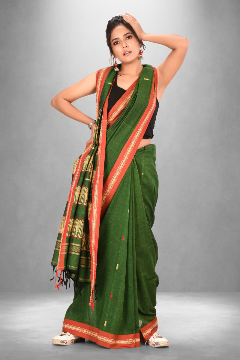 Green Mercerised cotton saree with fish motif