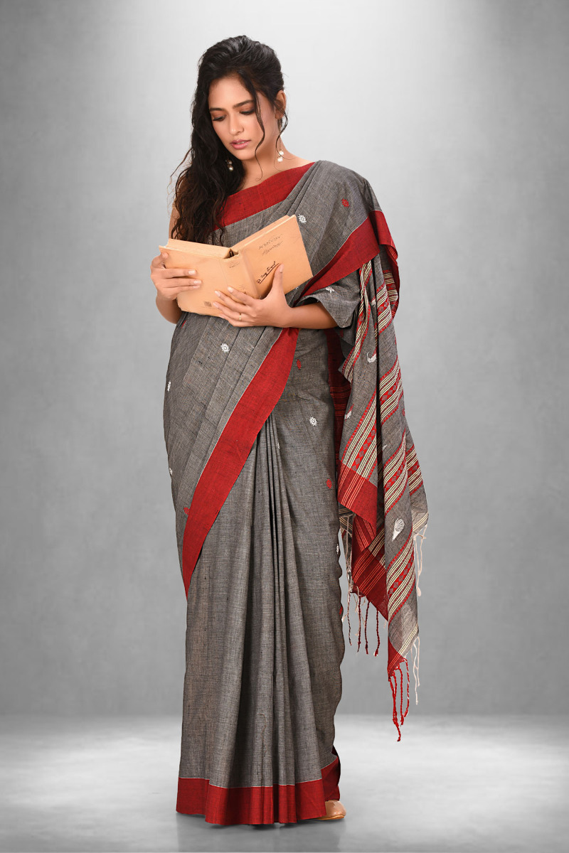 Grey Cotton Handloom saree with Red Border
