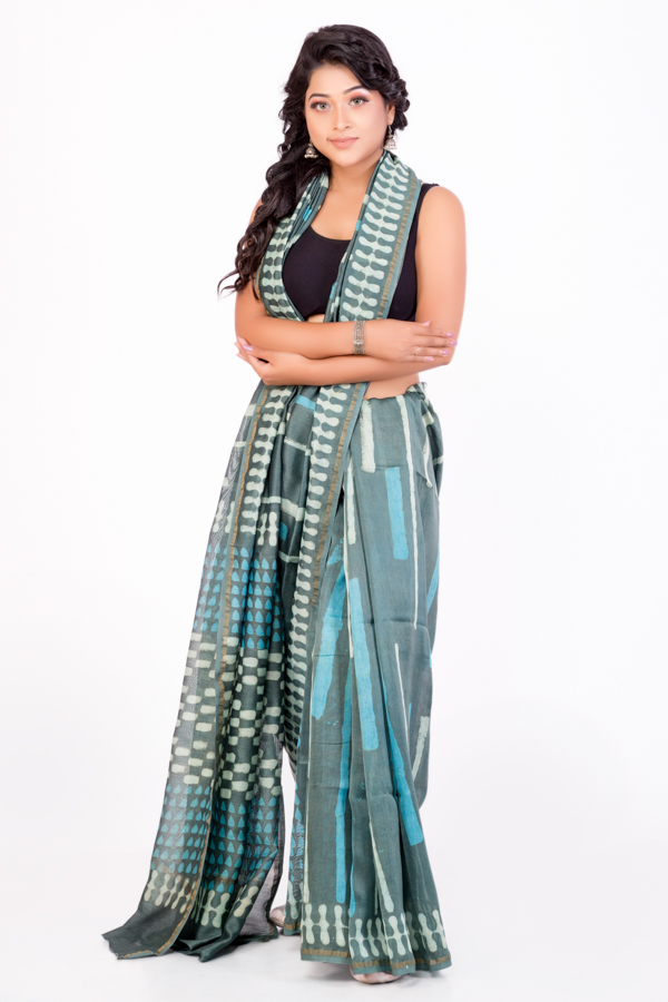 Grey Dabbu Printed Silk Chanderi Saree