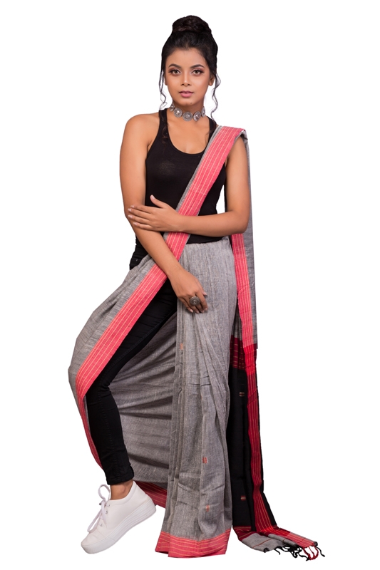 Grey Khadi cotton Handloom Saree with Red Border