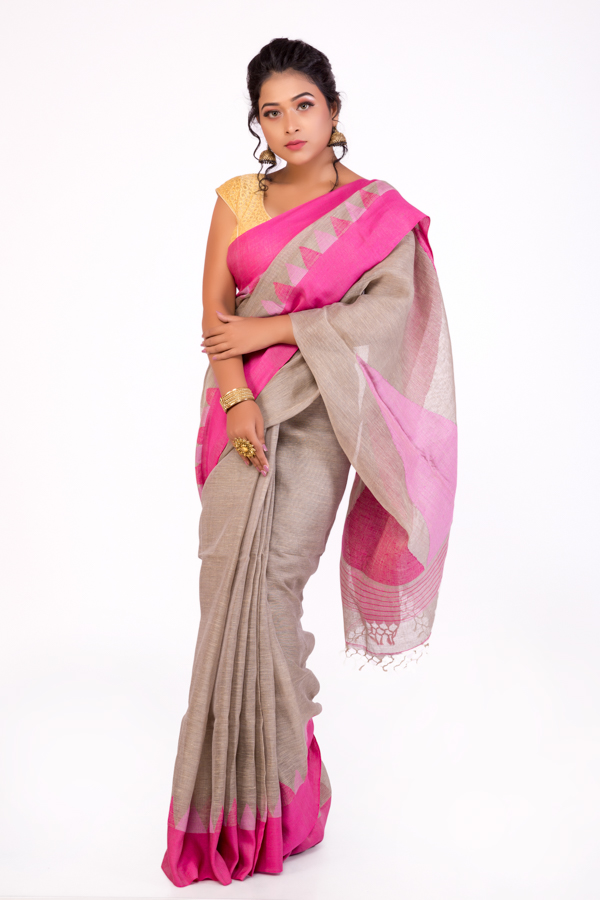 Grey Linen Handloom Saree with Pink Border