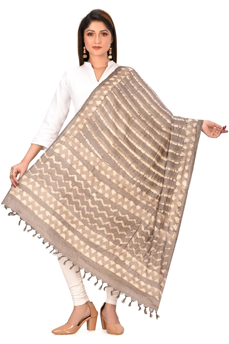 Grey Silk Bagru Dabu block printed Dupatta