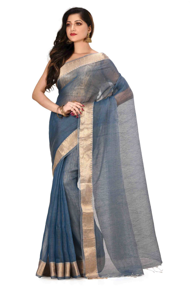 Greyish Blue Linen Silk Saree with Benarasi Border