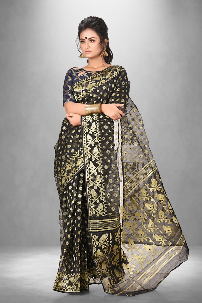 Hand woven black and golden zori combination dhakai jamdani