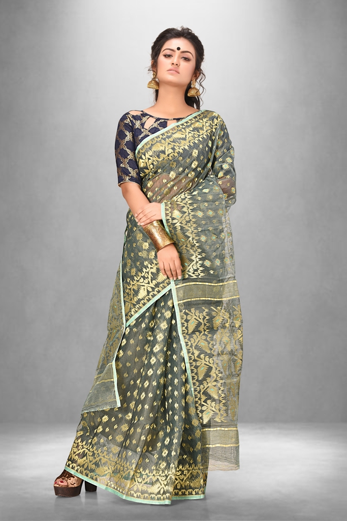 Hand woven grey and gold zari work dhakai jamdani