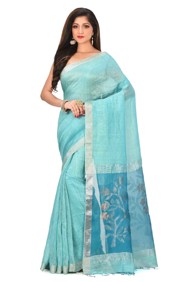 Ice Blue Silk Linen with Jamdani Buti