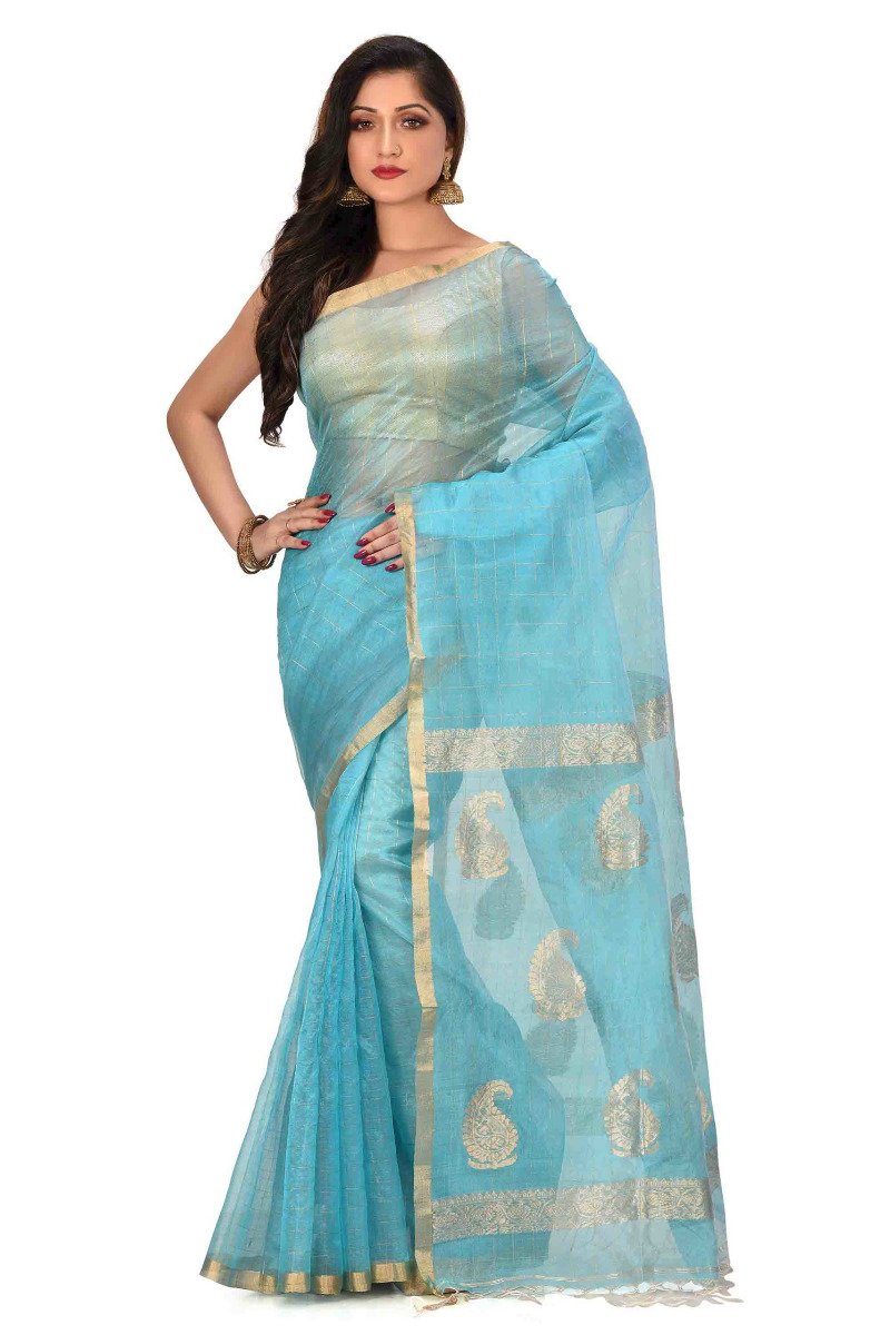 Icy Blue Resham Silk Handloom Saree with Zari Check