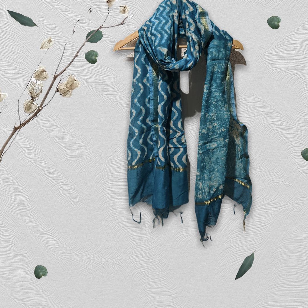 Indigo Blue Silk Hand printed Stole