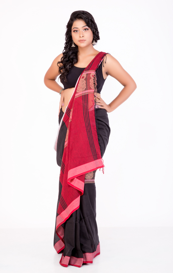 Khadi Black Handloom Saree with Red Border