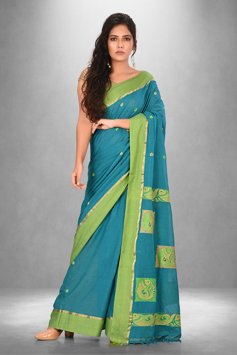 Khadi Blue and Green saree with beautiful fish motif