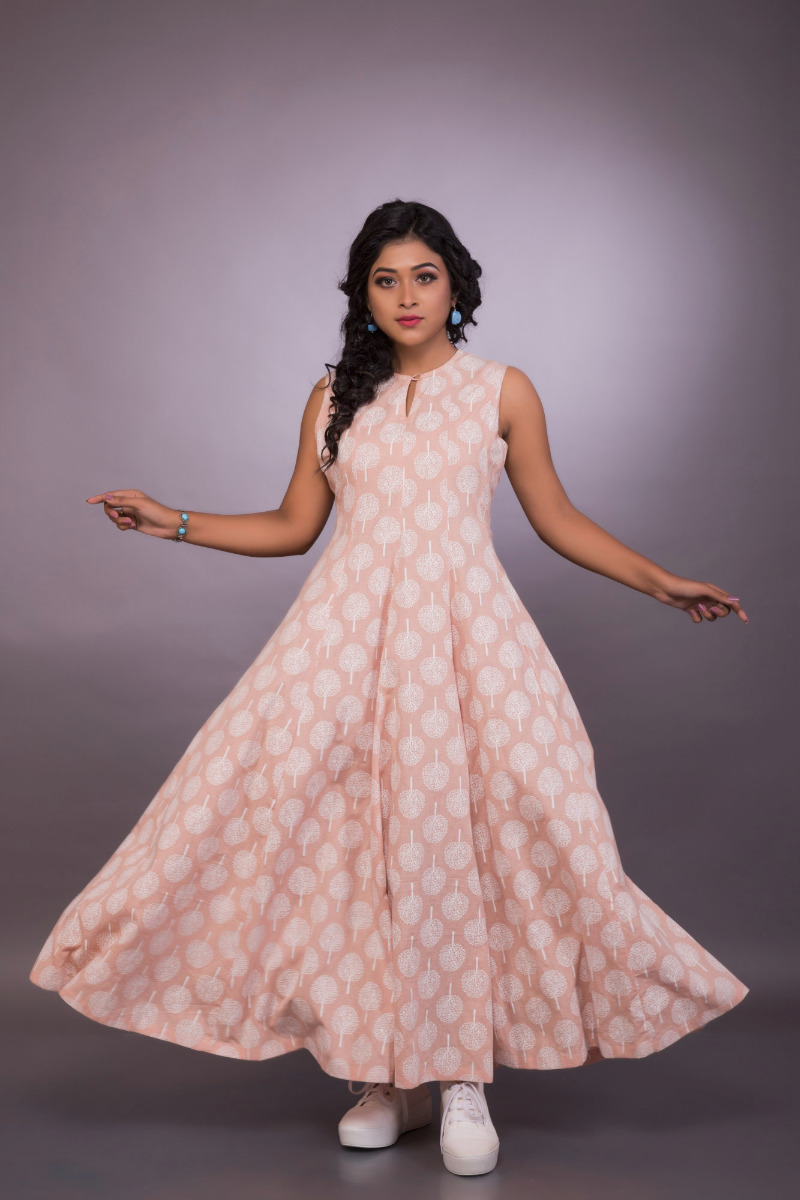 Khadi cotton peach dress with block prints