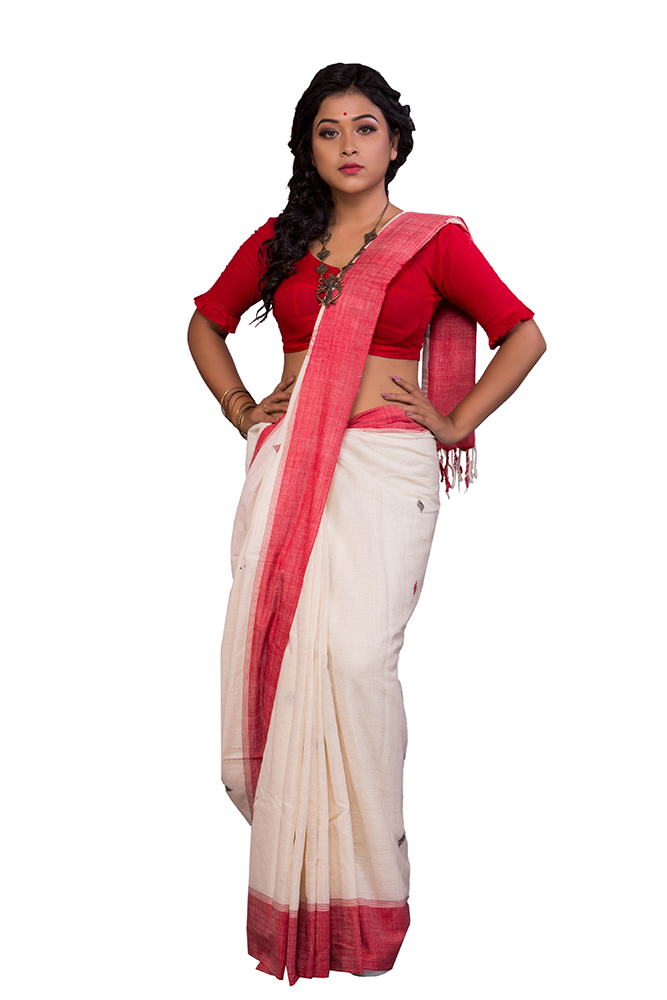 Khadi White Traditional Bengal Handloom saree with Red Border