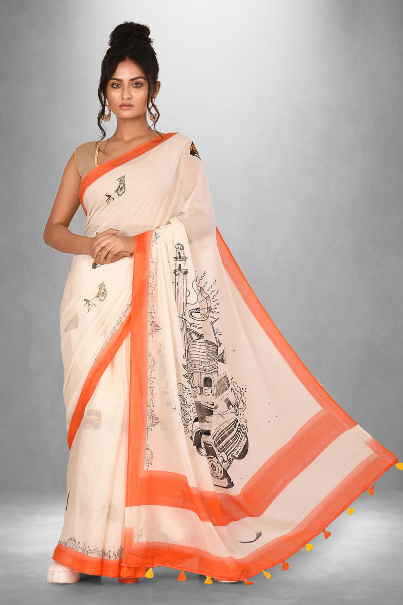 Kolkata Themed Digital printed Mulmul cotton saree