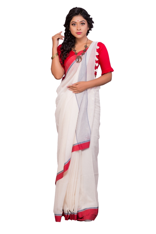 Kora Malmal Tangail Saree with Red and Grey Border