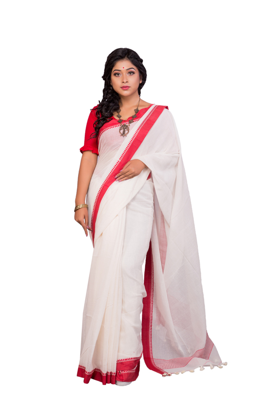 Kora Malmal Tangail Saree with Red Border