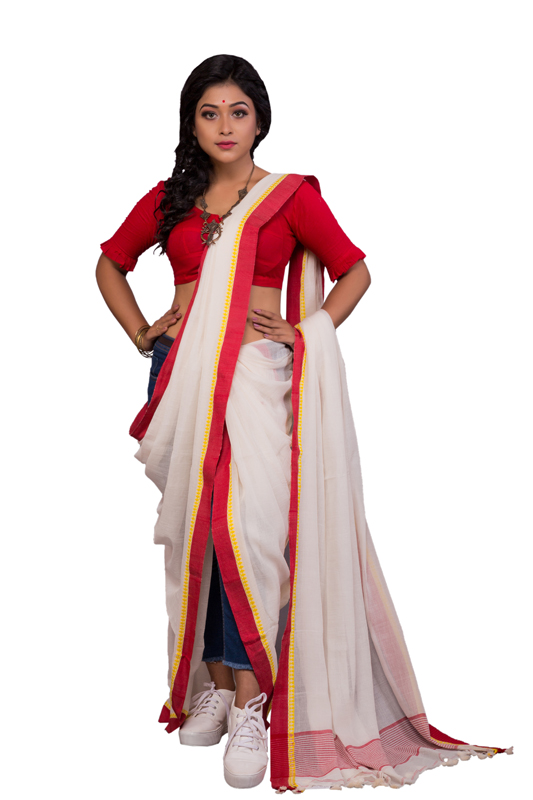 Kora Mulmul Tangail Saree with Yellow and Red Border