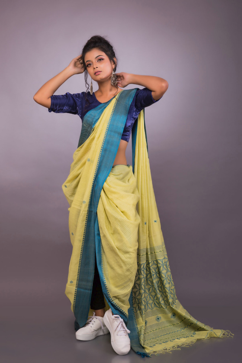 Lemon yellow Cotton saree with Blue border