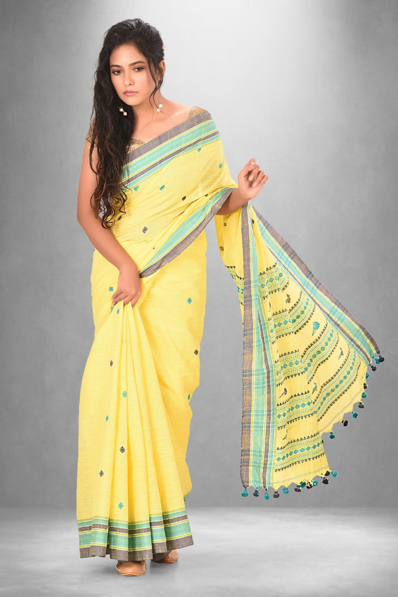 Lemon yellow khadi saree