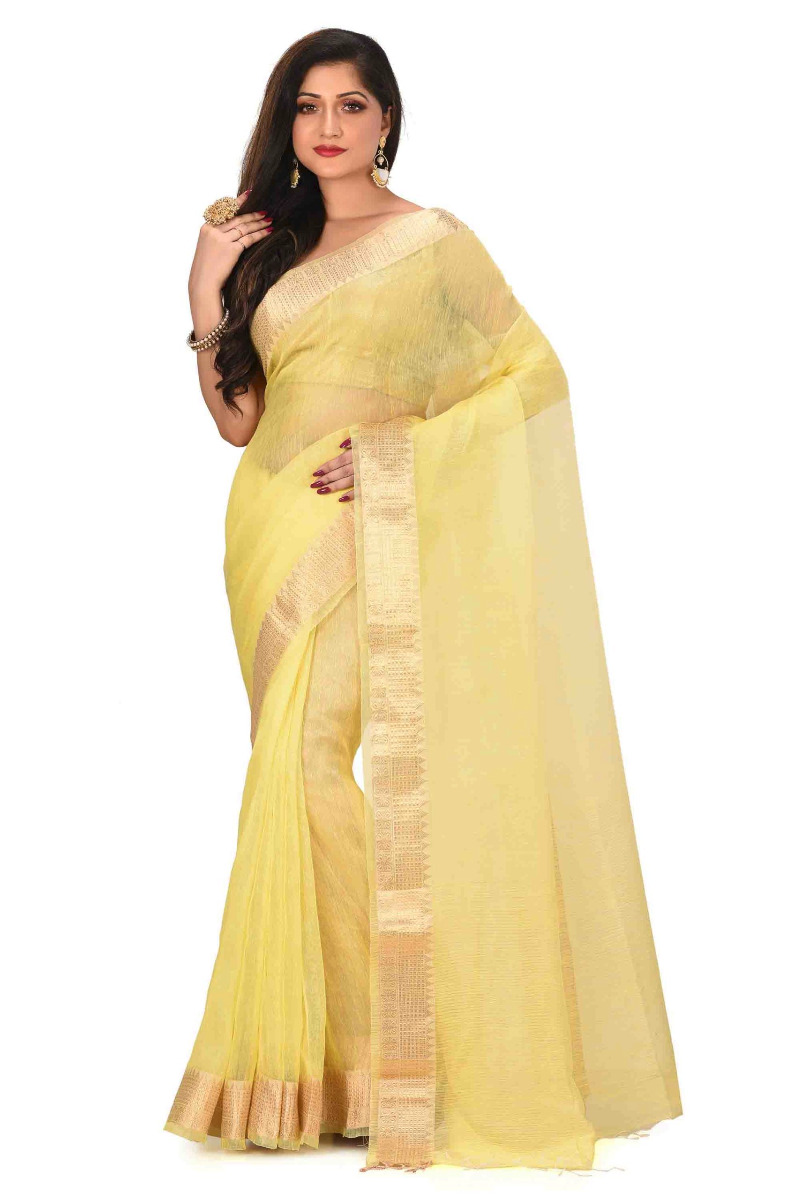 Lemon Yellow Linen Silk with Benarasi Border