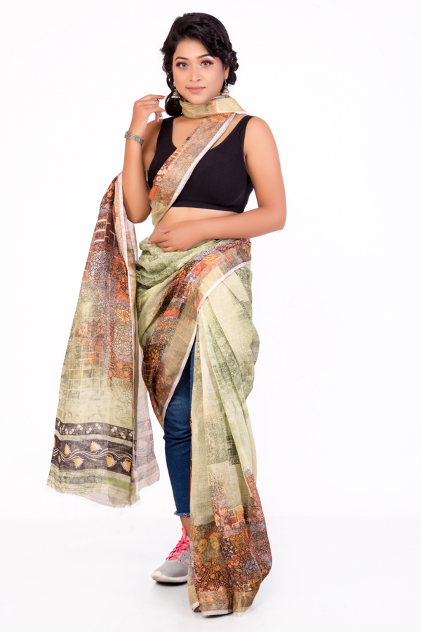 Light Green Digital printed Linen Saree