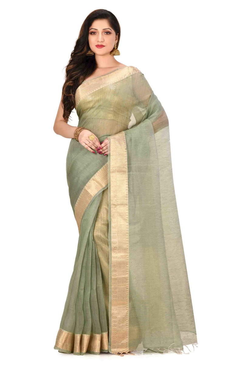 Light Green Linen Silk Handloom Saree with Benarasi Border