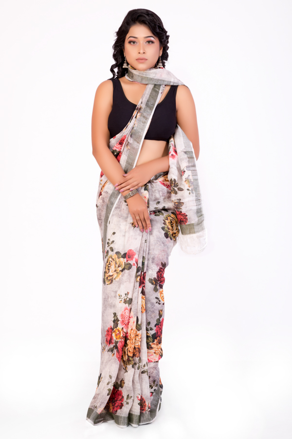 Light Grey Digital Printed Linen saree