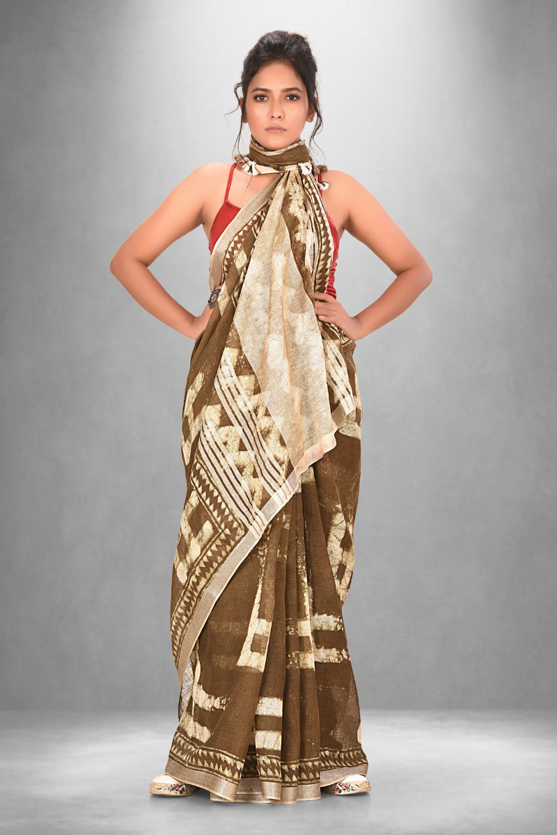 Linen Dabbu print Saree Moss Greenish Brown