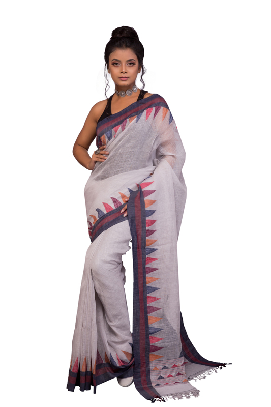 Linen Handloom Saree with Multicoloured Temples