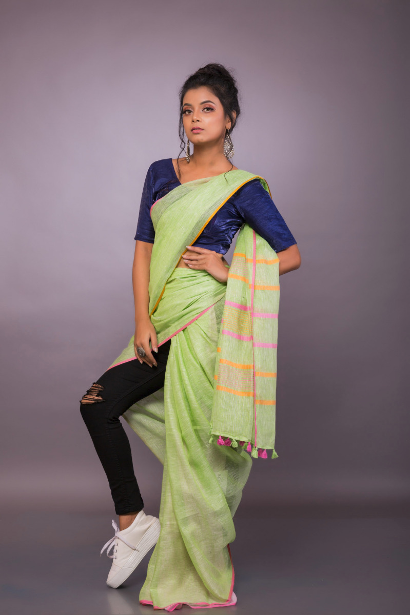 Linen Light Green Handwoven saree