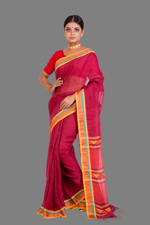 Linen red saree with yellow border