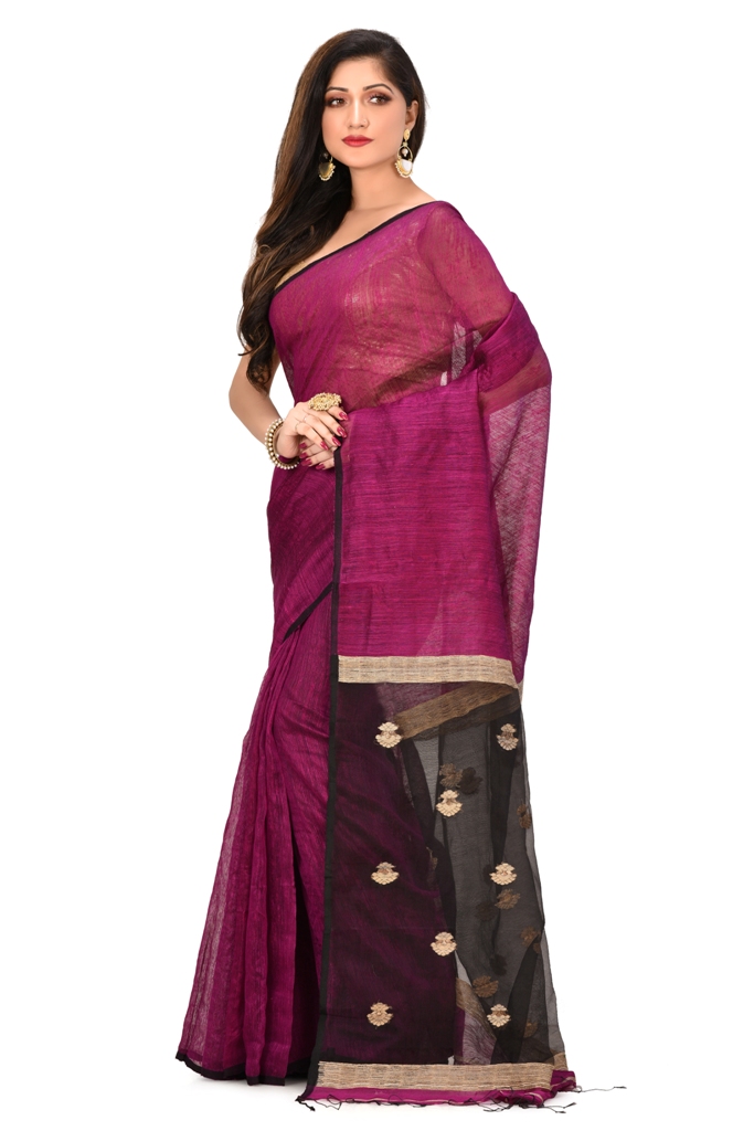 Magenta Pure Matka and Resham Fusion handloom saree with jamdani buti