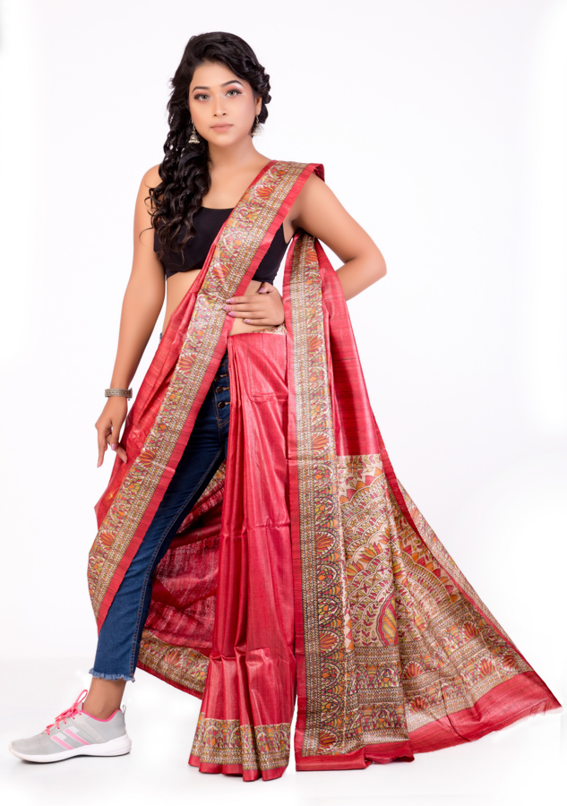 Magenta Tassar Saree with Madhubani print