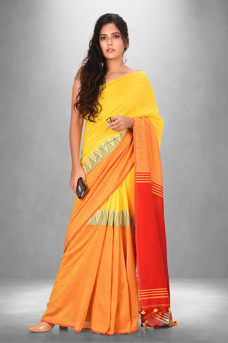 Mercerised Cotton yellow and orange PachaPere saree