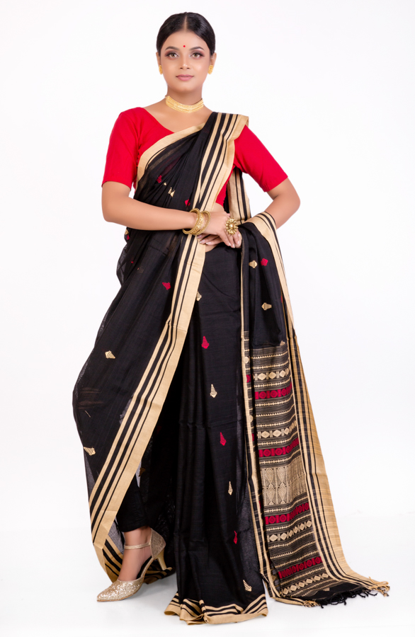 Mercerized Cotton Black Handloom Saree with Tribal motifs