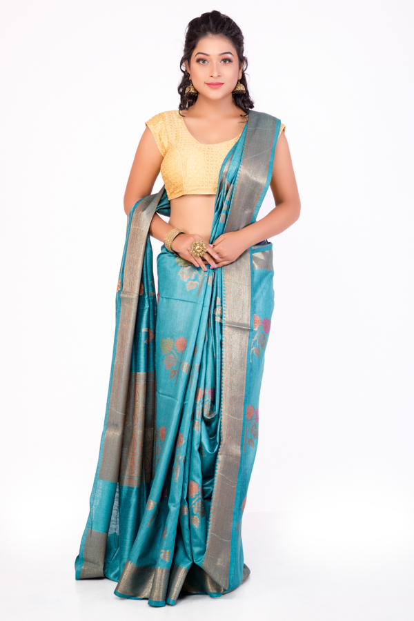 Mooga Silk Teal Blue Saree