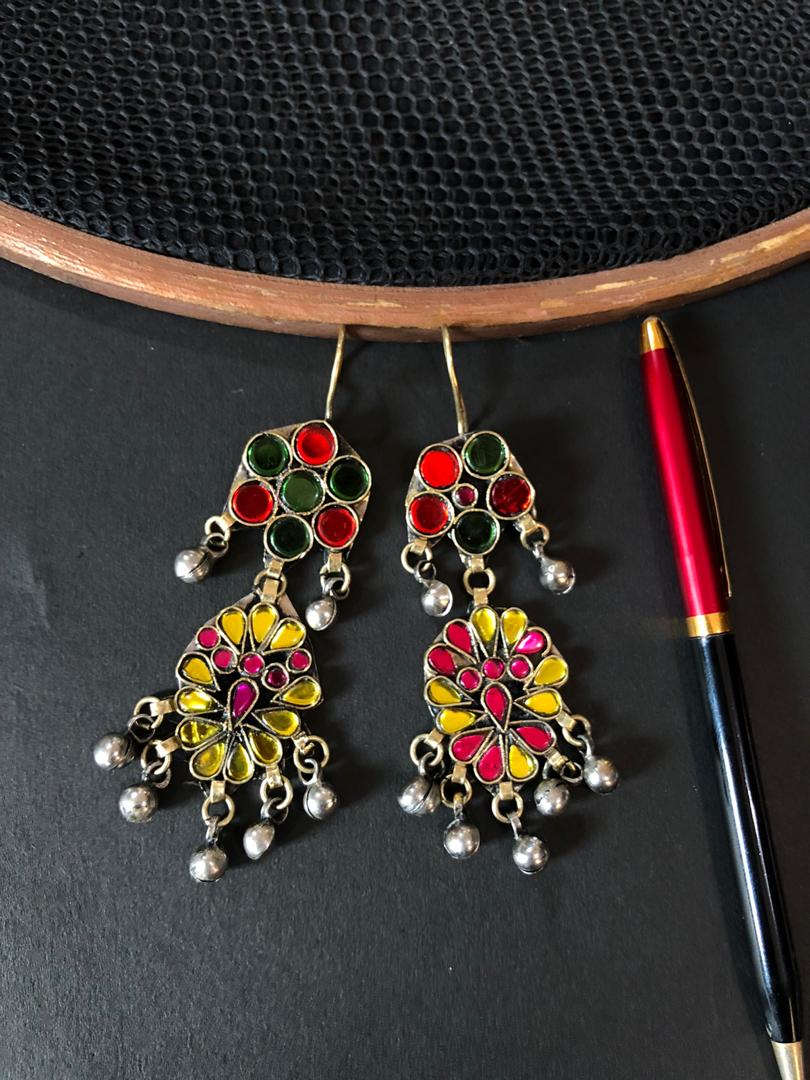 Multicoloured Round Glass work Afghani Earrings