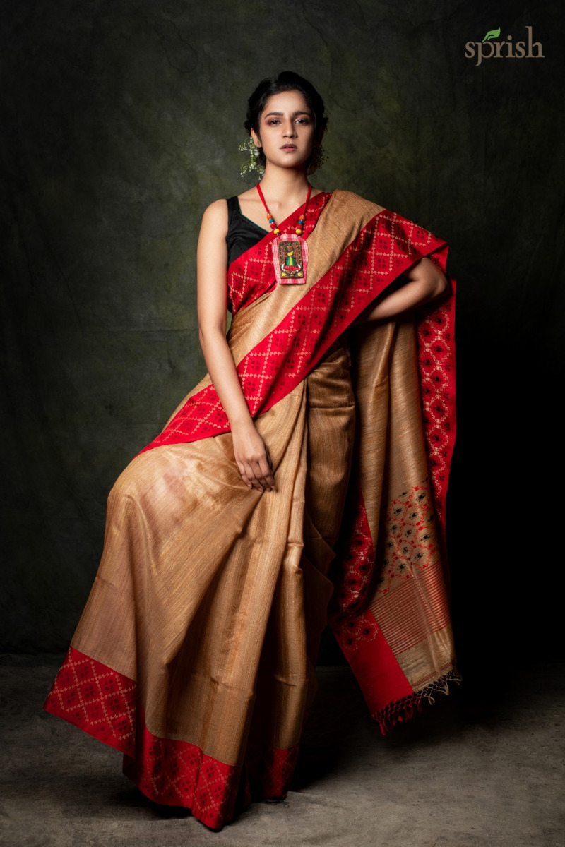 Nude Matka Silk Saree with Satin Red Border