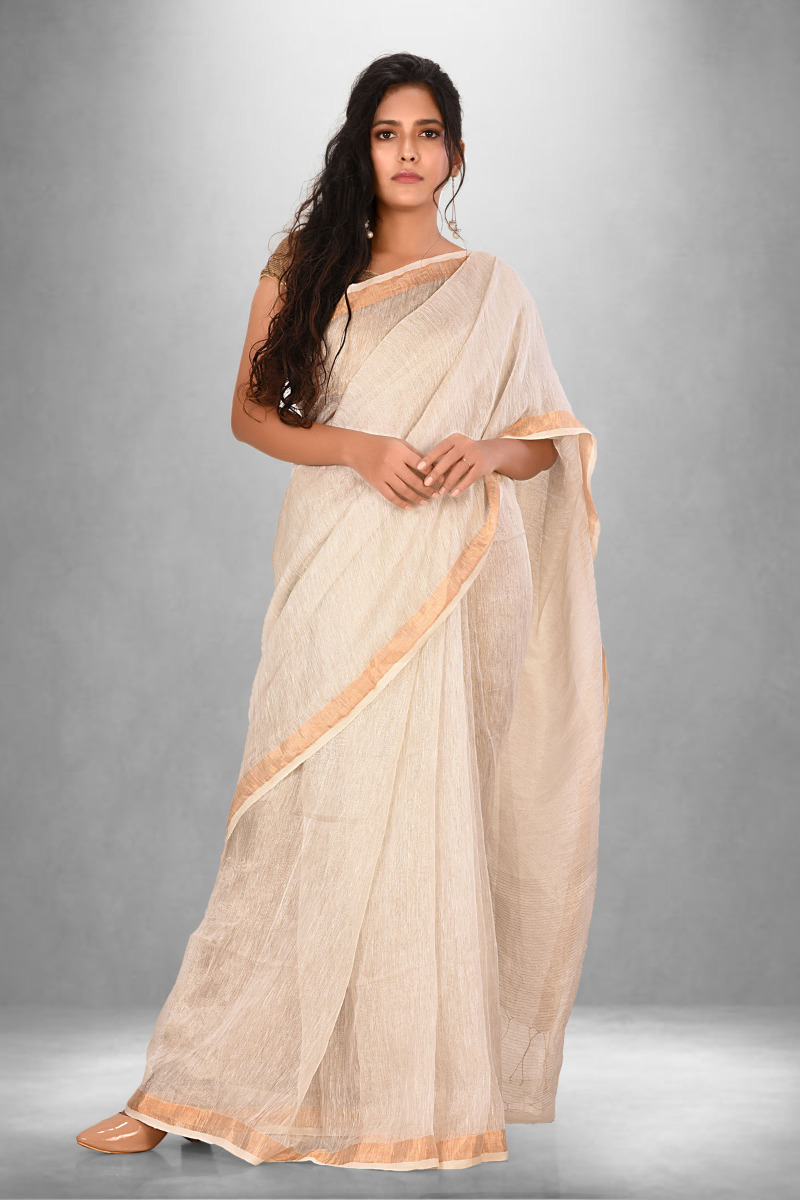 Off White Tissue Linen Saree