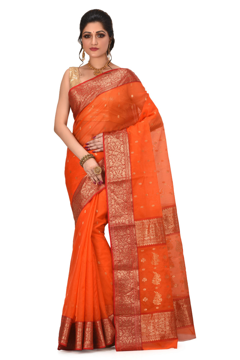 Orange Chanderi saree with Benarasi Border