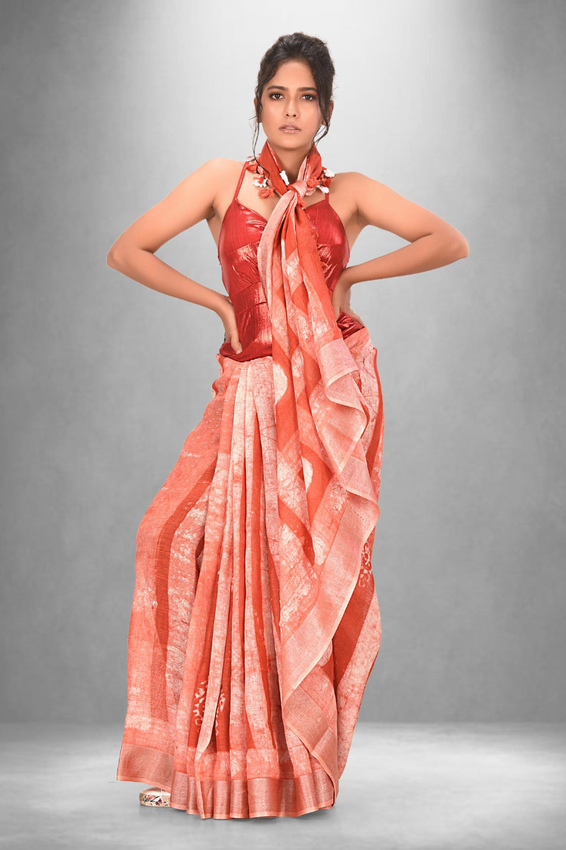 Orange Dabbu printed Linen Saree