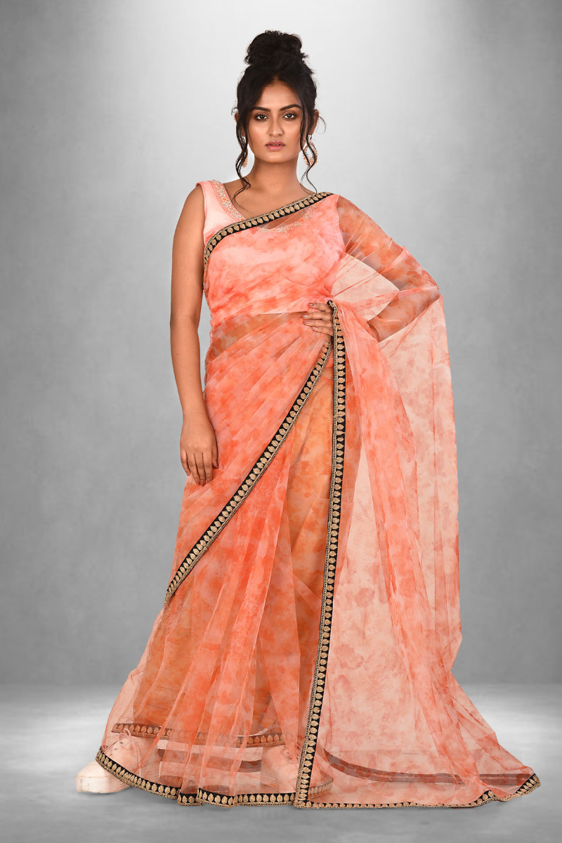 Orange Hand printed net saree