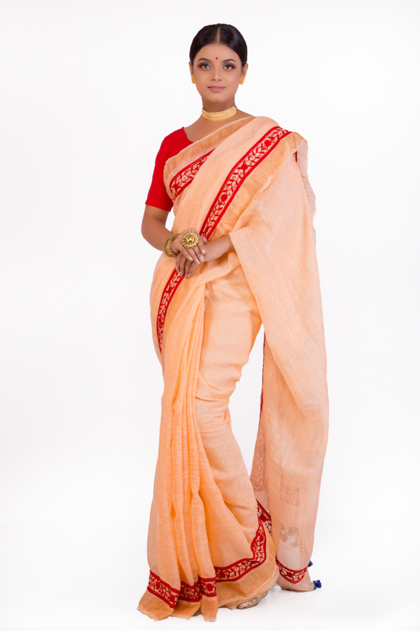 Peach Linen Handloom Saree with Red Hand Embroidery