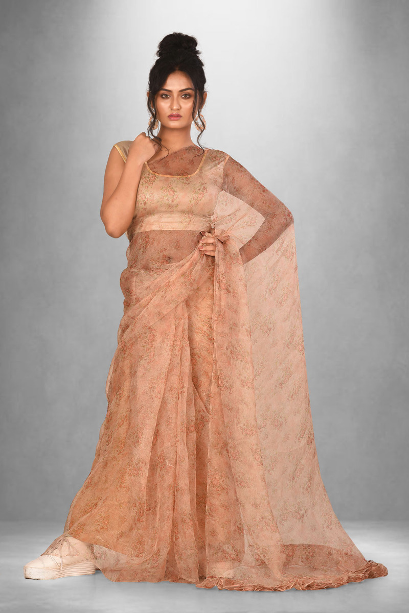 Peach Organza Digital printed Saree with ruffle