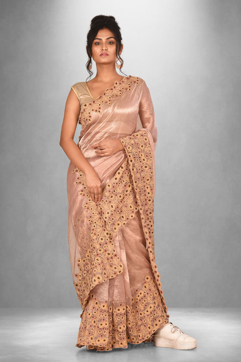 Peach Tissue saree with Hand Embroidery